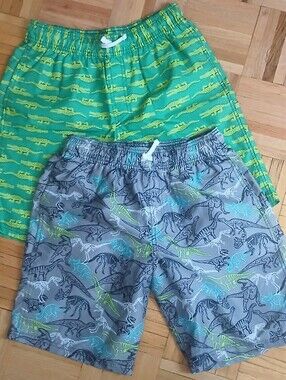 Kids' Green and Gray Dino Print and Crocodile Board Shorts - 2 Pack
